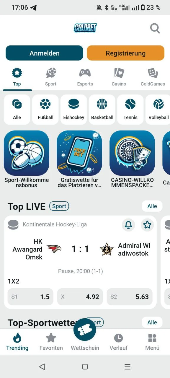 Coldbet App Hauptbildschirm mit Sportwetten und Live-Quoten
