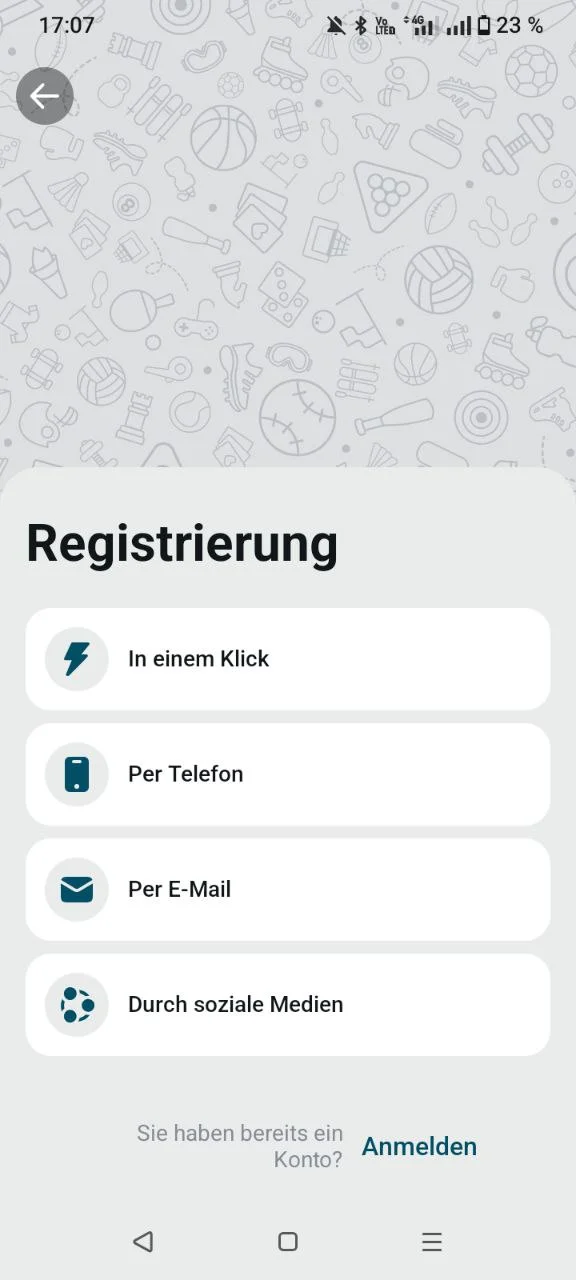 Coldbet App Registrierung mit vier Anmeldeoptionen