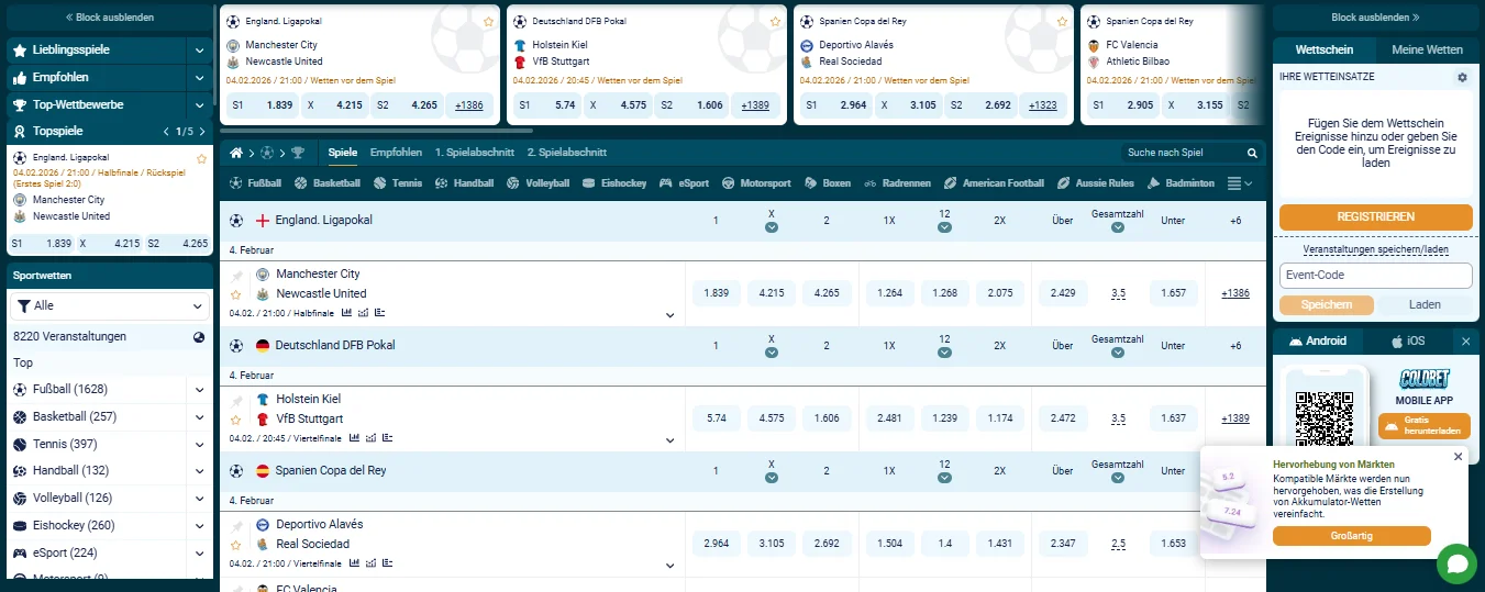 Coldbet Sportwetten-Interface mit Fußball-Quoten und Wettschein