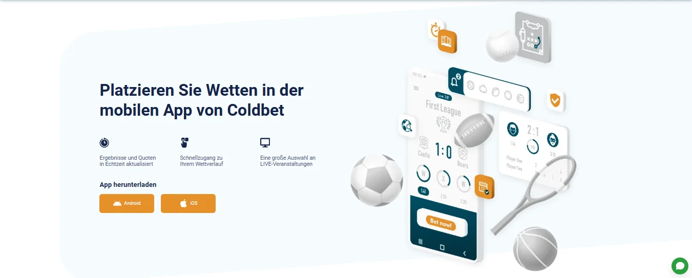 Coldbet App Download-Seite mit Android und iOS Optionen