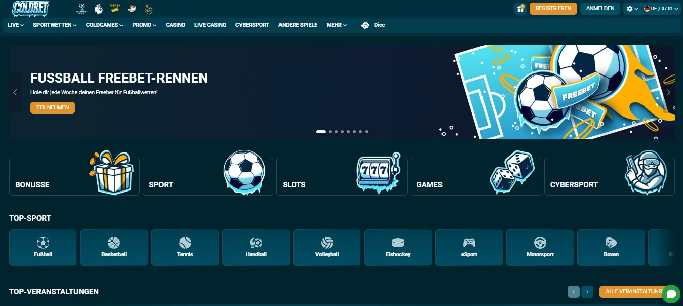 Coldbet Startseite mit Sportwetten und Casino-Kategorien