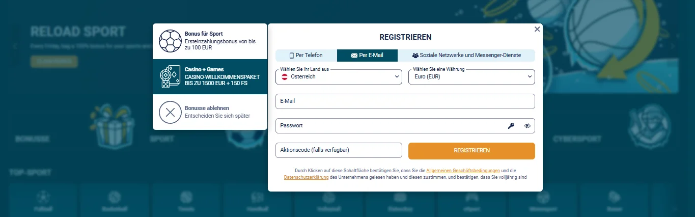 Coldbet Registrierungsformular mit Bonusauswahl und Aktionscode-Feld